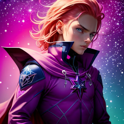 a woman in a purple outfit with a purple cape and stars in the background of the image is a purple background