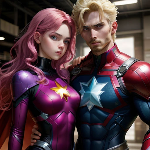 a man and woman dressed as superheros posing for a picture together in a building with a star on their chest