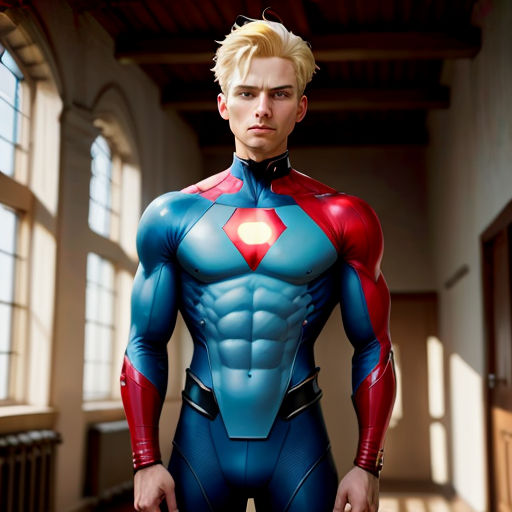 a man in a superman suit standing in a room with a window behind him and a red and blue suit on