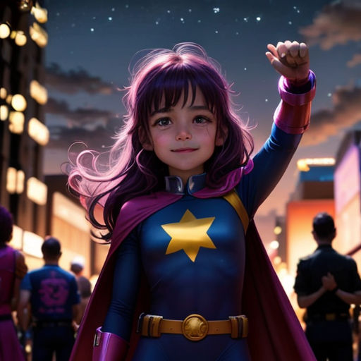 a young girl dressed as a super hero in a city at night with a star on her chest and a cape