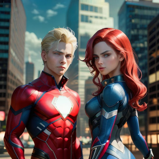 a man and a woman in a superhero suit standing next to each other in front of a cityscape