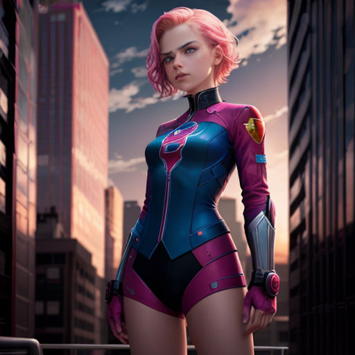 a woman in a pink and blue suit standing in a city at sunset with a pink hair and a red nose
