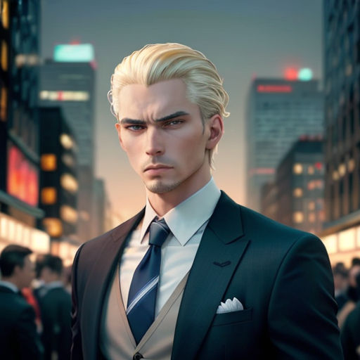 a man in a suit and tie standing in a city street at night with a cityscape in the background