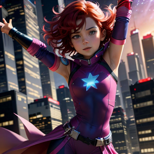 a woman in a purple outfit with a star on her chest and arms outstretched in front of a city skyline