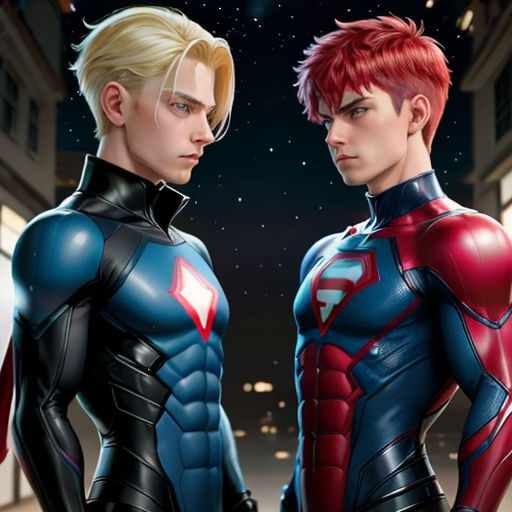 two young men dressed as superman and spider - man standing next to each other in a city at night