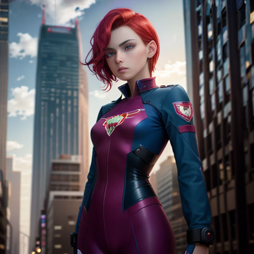 a woman in a futuristic suit standing in a city street with skyscrapers in the background, with a red hair and blue eyes