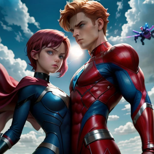 a man and woman in a red and blue suit standing next to each other with a plane in the background