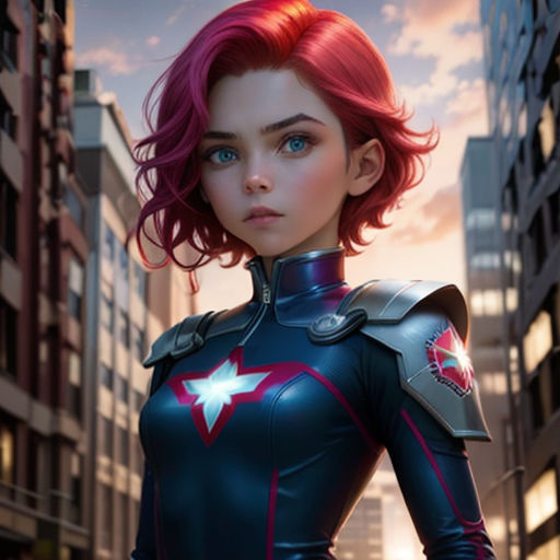 a woman in a futuristic suit standing in a city street with buildings in the background and a sky background