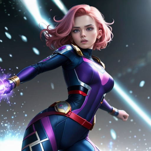 a woman in a purple and blue outfit with a light saber in her hand and a black and white background