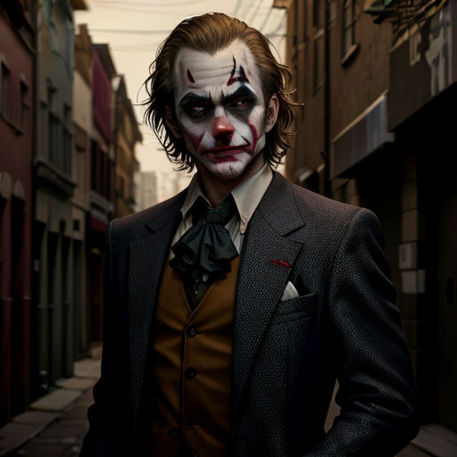 a man dressed in a suit and clown makeup standing in a street with buildings in the background and a street light overhead