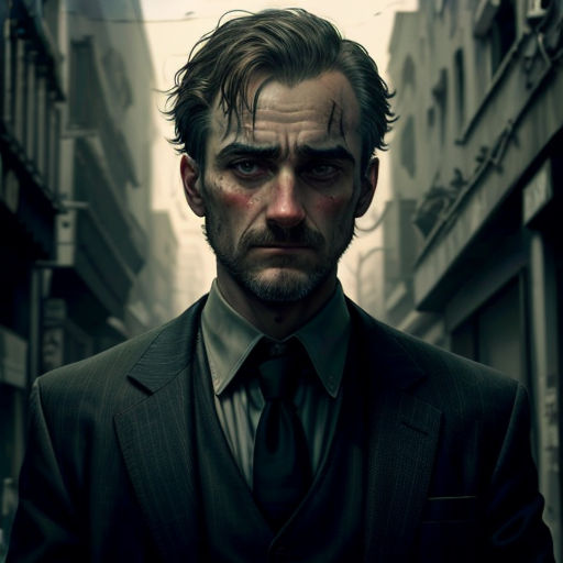 a man in a suit and tie standing in a street with buildings in the background and a creepy face