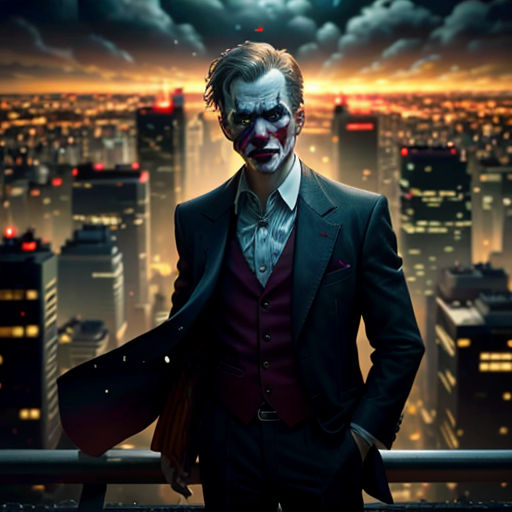 a man in a suit and clown makeup standing on a rooftop with a city skyline in the background at night