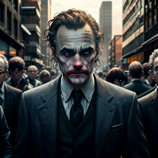 a group of people in suits and ties walking down a street with a joker mask on their face and a man in a suit