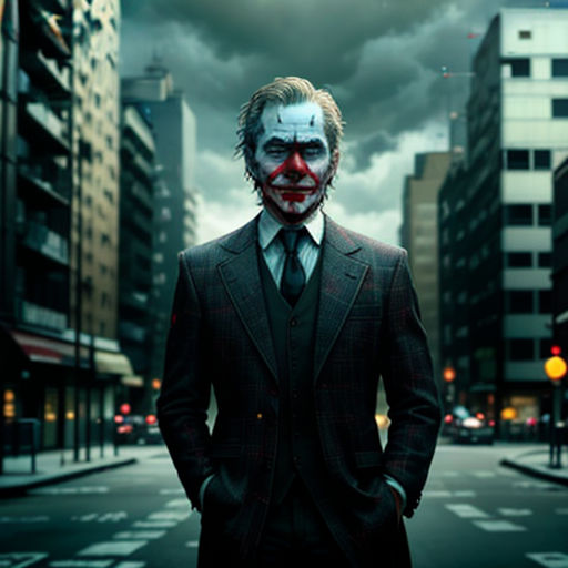 a man in a suit and clown makeup standing on a street with a city background in the background, with a dark sky and clouds