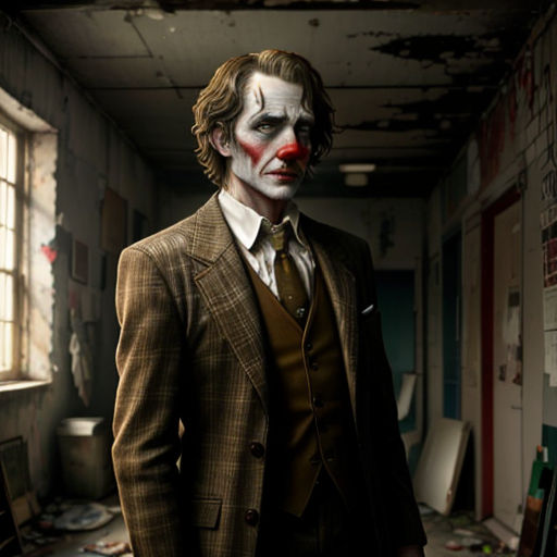 a man dressed in a suit and clown makeup standing in a room with a window and a wall with posters
