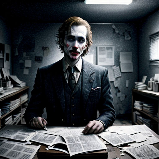 a man in a suit and tie sitting at a desk with a lot of papers on it and a light coming from the ceiling