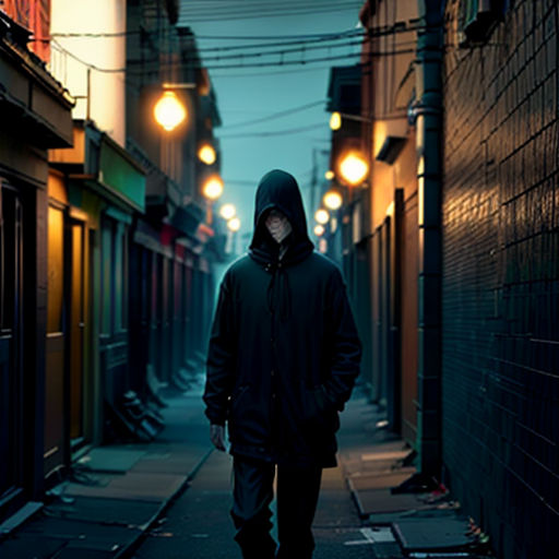 a man in a hooded jacket walking down a street at night with street lights on the side of the street