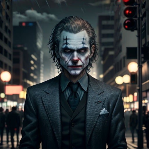 a man in a suit and tie with a creepy face on his face and a city street in the background