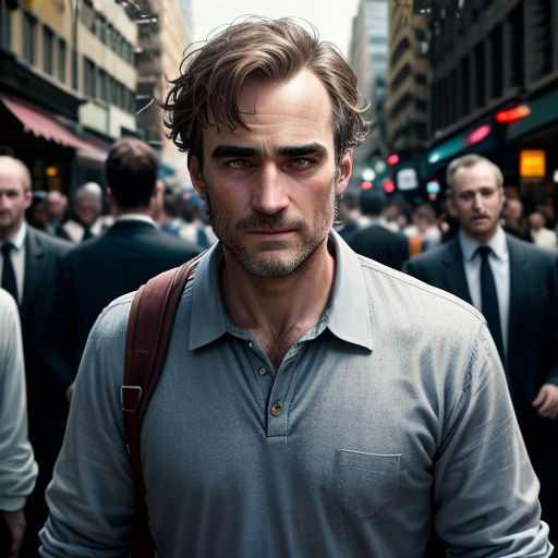 a man in a grey shirt and a brown bag walking down a street with other people in the background