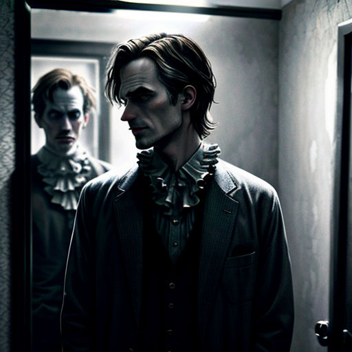 a man standing in a doorway next to another man in a suit and tie in a room with a mirror