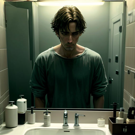 a man standing in front of a bathroom mirror in front of a sink with soap dispensers