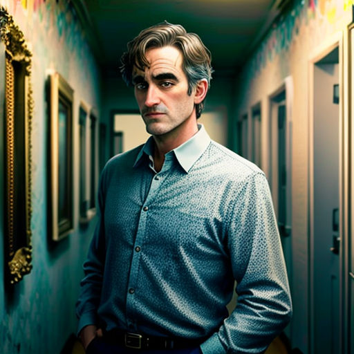 a man standing in a hallway with a mirror on the wall behind him and a painting on the wall behind him