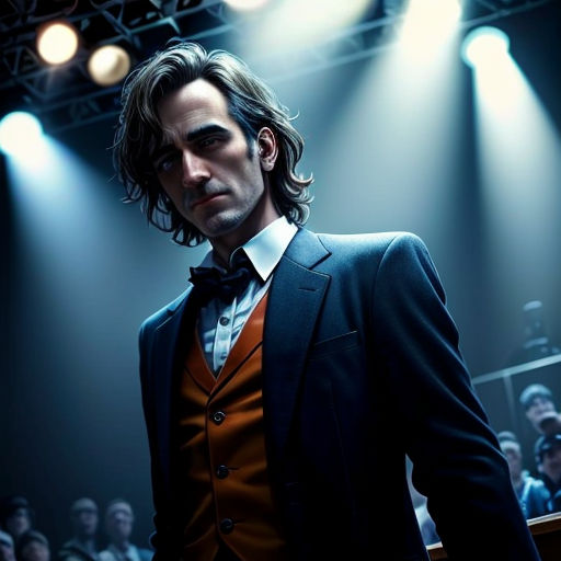 a man in a tuxedo standing in front of a crowd of people in a theater with spotlights