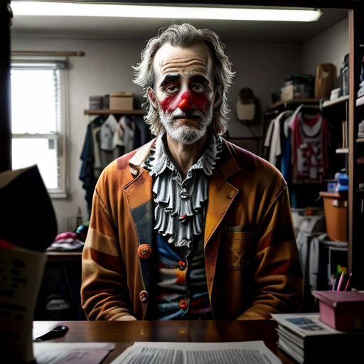 a man with a clown nose and a clown makeup on his face sitting at a desk in an office
