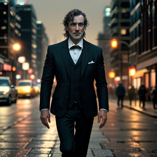 a man in a suit walking down a street at night with a city in the background and a car in the foreground