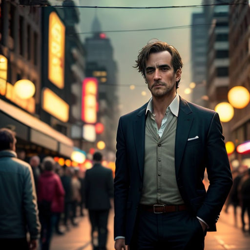 a man in a suit standing on a city street at night with people walking around him and a neon sign in the background