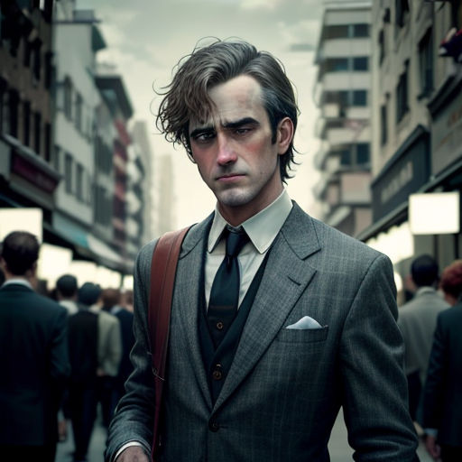 a man in a suit and tie standing in a street with a crowd of people behind him and a building in the background