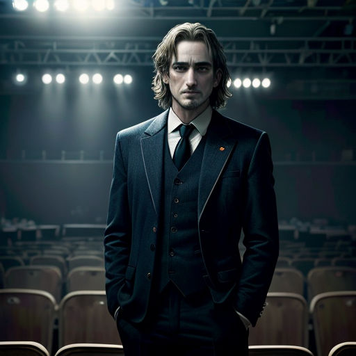 a man in a suit standing in front of a stage with a spotlight on it's wall and a row of chairs