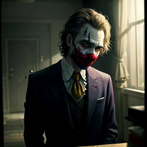 a man dressed as a joker with a red nose and a suit and tie on, standing in a room