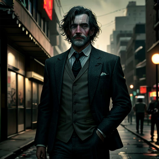 a man in a suit and tie standing on a street corner in the rain with a city in the background