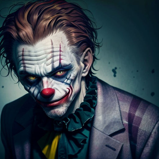 a man with a clown makeup and a suit on, with a creepy look on his face and a creepy clown nose
