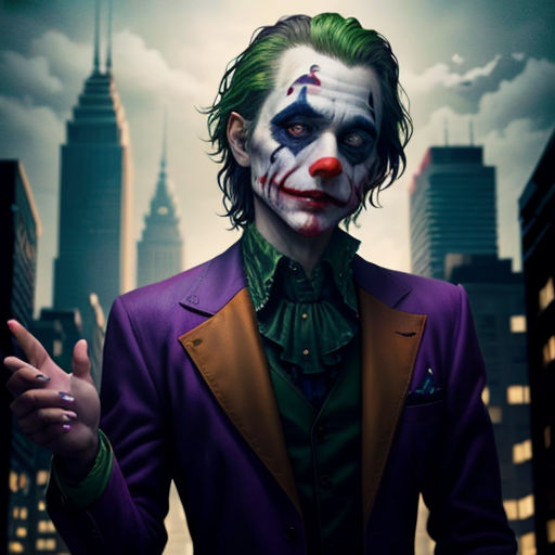 a man dressed as the joker in a city scene with a city skyline in the background and a dark sky