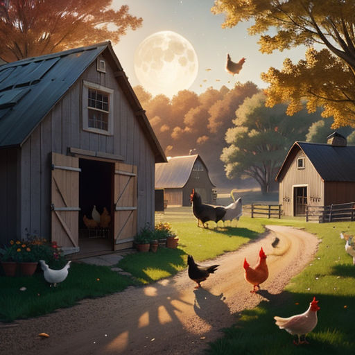 a painting of chickens walking down a dirt road near a barn and a full moon in the sky above