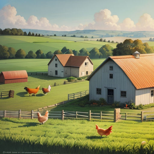 a painting of a farm with chickens and a barn in the background with a red roof and a white fence