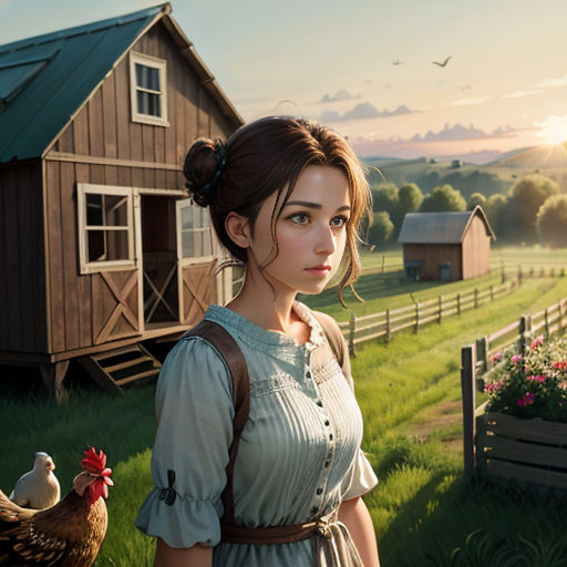 a woman standing in a field next to a chicken and a barn with a chicken in it's yard