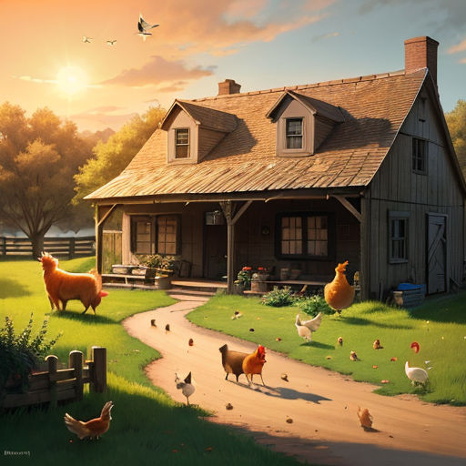 a painting of a farm scene with chickens and chickens walking towards a house with a chicken on the lawn