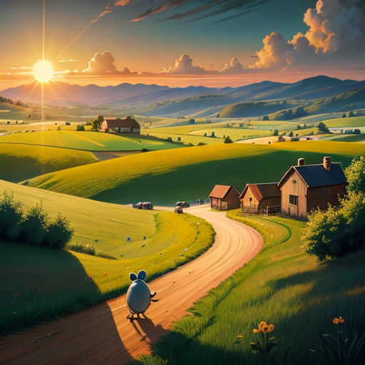 a painting of a rural landscape with a road leading to a farm house and a sheep on the side of the road