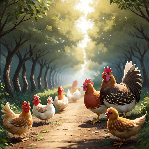 a group of chickens walking down a dirt road in a forest with trees and grass on either side of the road