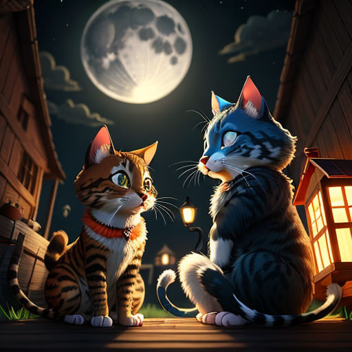 two cats sitting on a porch at night with a full moon in the background and a lantern in the foreground