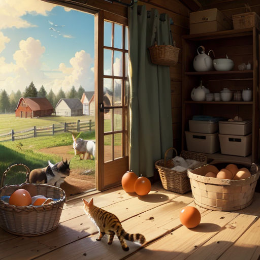 a cat is walking on a wooden floor near a basket of eggs and a cat looking out a window