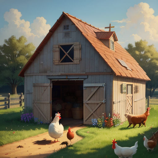 a painting of chickens and chickens in a farm yard with a barn and a barnyard in the background