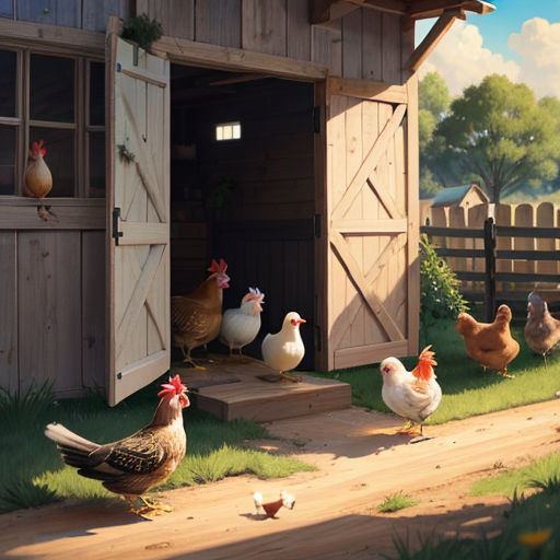 a painting of chickens and chickens in a barn yard with a barn door open and chickens walking around the yard
