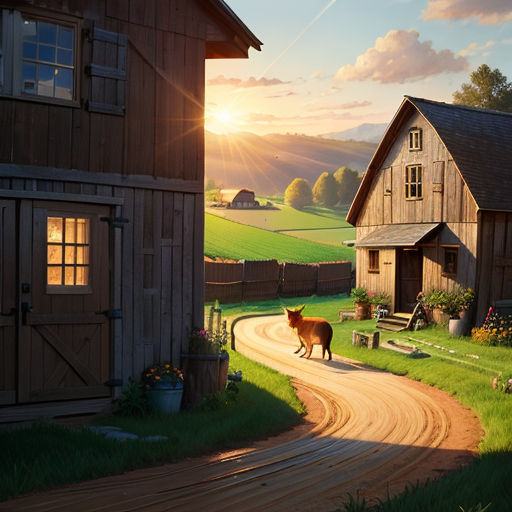 a painting of a cow standing on a dirt road in front of a barn and a farm house at sunset