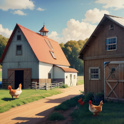 a couple of chickens walking down a dirt road next to a barn and a barn with a red roof
