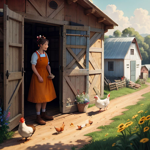 a woman in an orange dress standing in a barn doorway with chickens and chickens nearby on a farm road