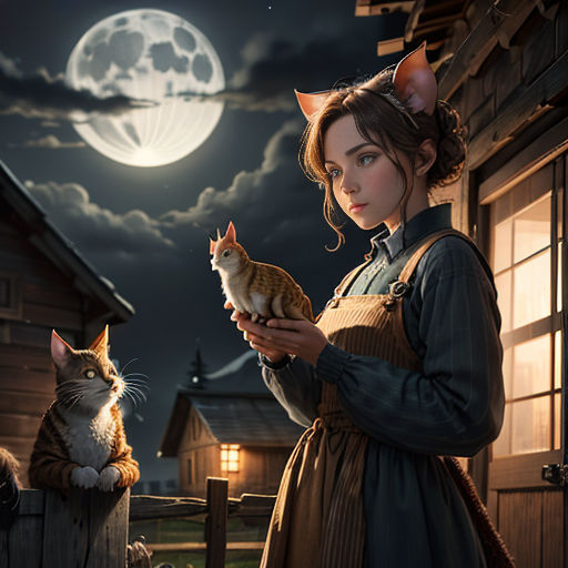 a woman holding a cat in front of a full moon sky and a cat sitting on a fence post